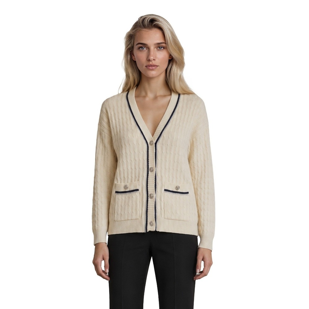 Vintage Koret Cardigan Sweater Women's Size Large Cream Cable Knit Navy Trim